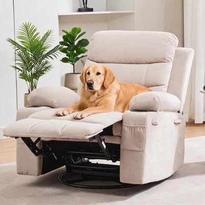 Fauteuil inclinable et pivotant surdimensionné pivotant à 360 ° chauffant et massant, porte-gobelet manuel robuste de 400 lb, lin beige