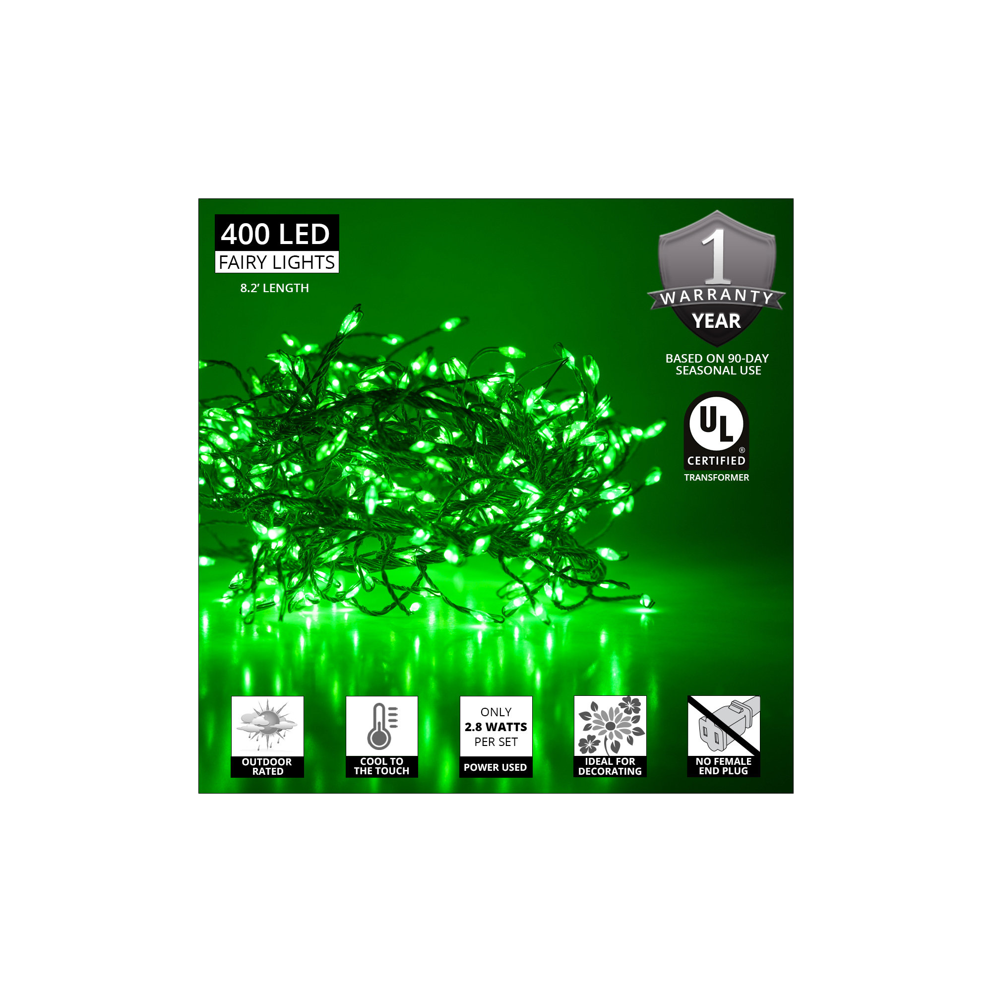 96'' LED String Lights, Green