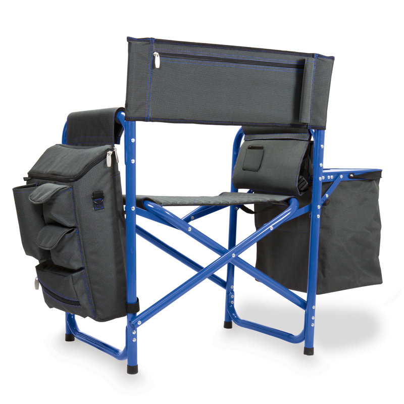 Chaise de camping d'extérieur Fusion avec table d'appoint et glacière douce, Gris foncé avec bleu