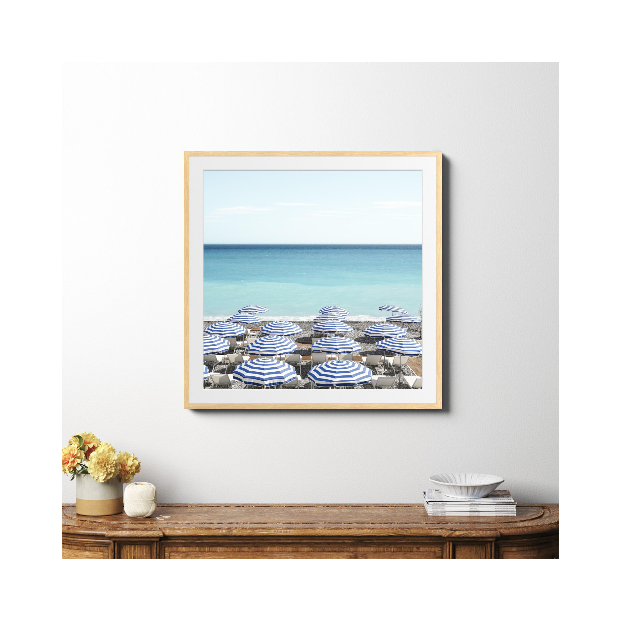 Blue Beach Umbrellas Photo by Henrike Schenk, Yes, Natural Framed Paper, 36" H x 36" W x 0.75" D