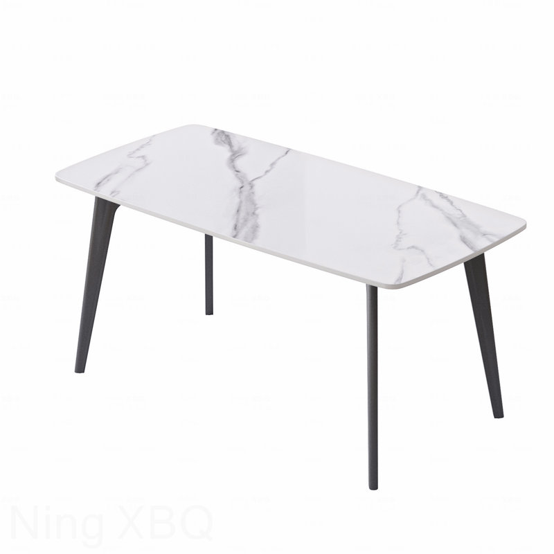 62.99" Modern Rectangular Dining Table White Artificial Stone Curved Edge Black Metal Legs 6 Person, White