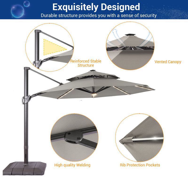 Parasol de patio en porte-à-faux à DEL 11 pi avec UPF80 + et manivelle, Gris