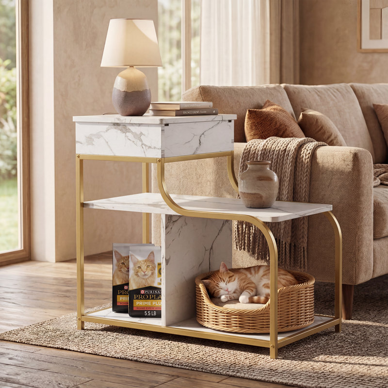 25.6'' End Table with Storage Space and Charging Station; 1 USB and 1 Type-C ports, 2 AC Power Outlets; Accommodates Common Cat House