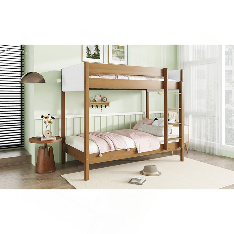 Twin Over Twin Bunk Bed, Upholstered Bunk Bed Frame With Ladder, Safety Guardrails,Rubber Wooden,Teddy Fleece Fabric Headboard/Footboard ,Natural