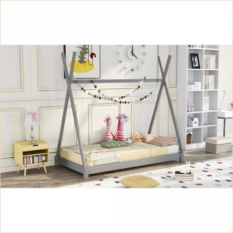 Bois de pin simple Lit plateforme en bois aggloméré gris avec structure triangulaire stable, Gris, Lit simple