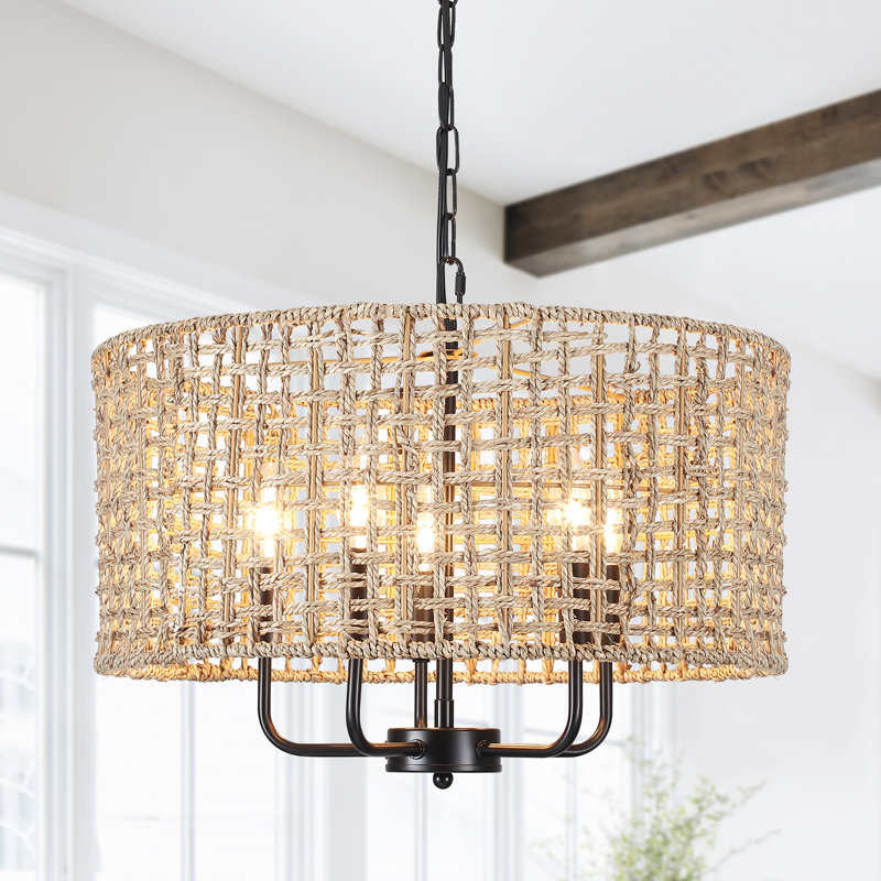 Ekkehard 5 - Light Dimmable Drum Chandelier Natural Rattan Bohemian Pendant, Black