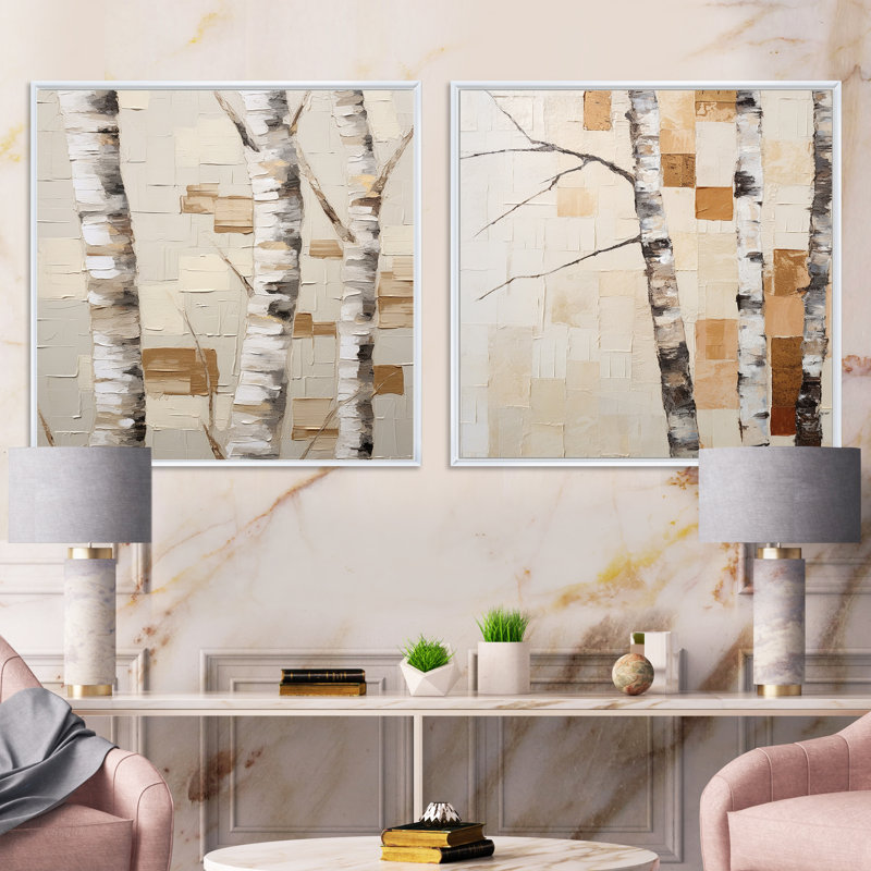 Ensemble de 2 boules miniatures beiges Tree I - Tree Birch, H 16 po x l 33 po, Cadre flottant blanc