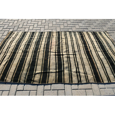Authentic Turkish Kilim With Vintage Stripes in Black and Cream for Elevating Home Decor and Enhancing Aesthetics in Your Living Room or Bedroom