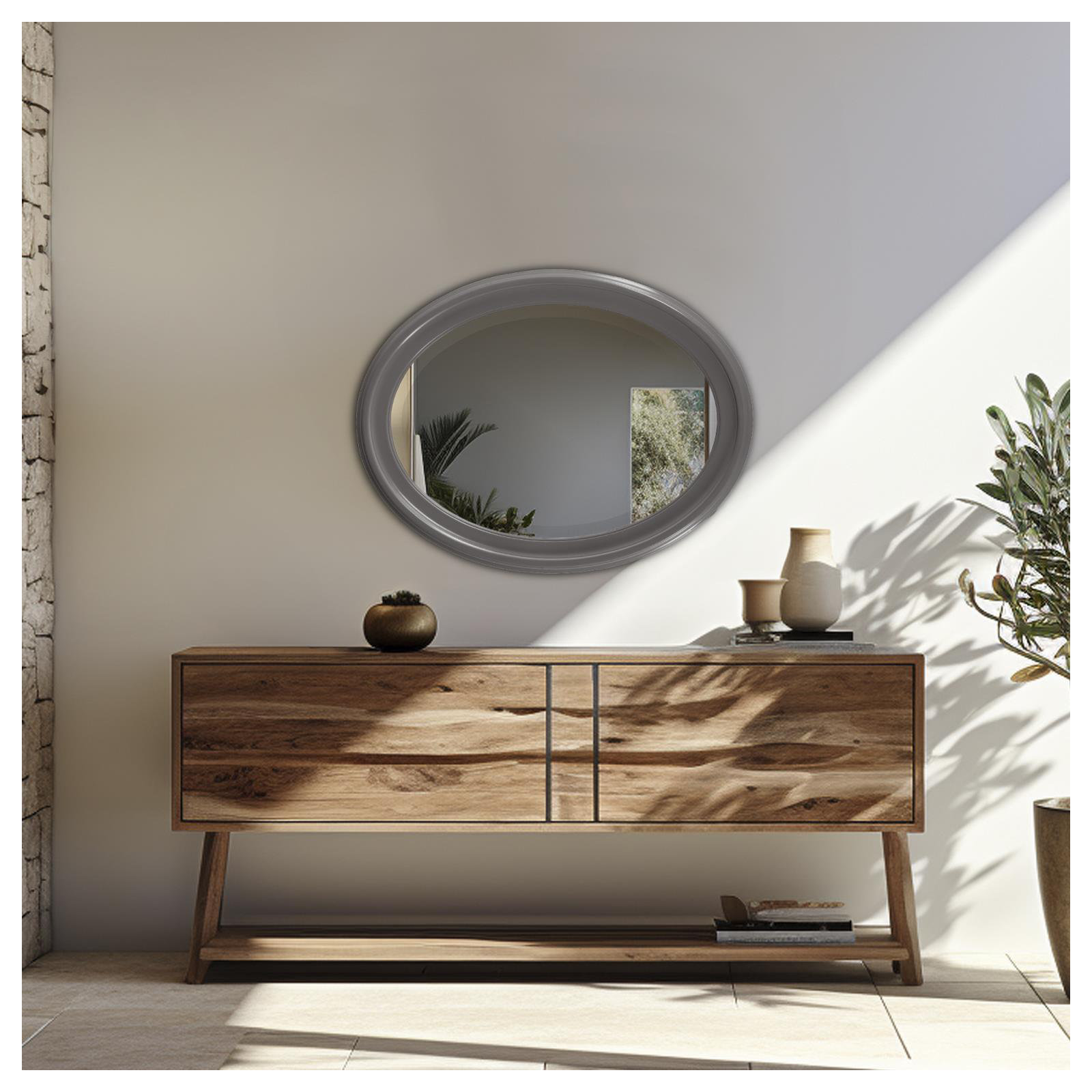 Borna Solid Wood Oval Mirror, Charcoal