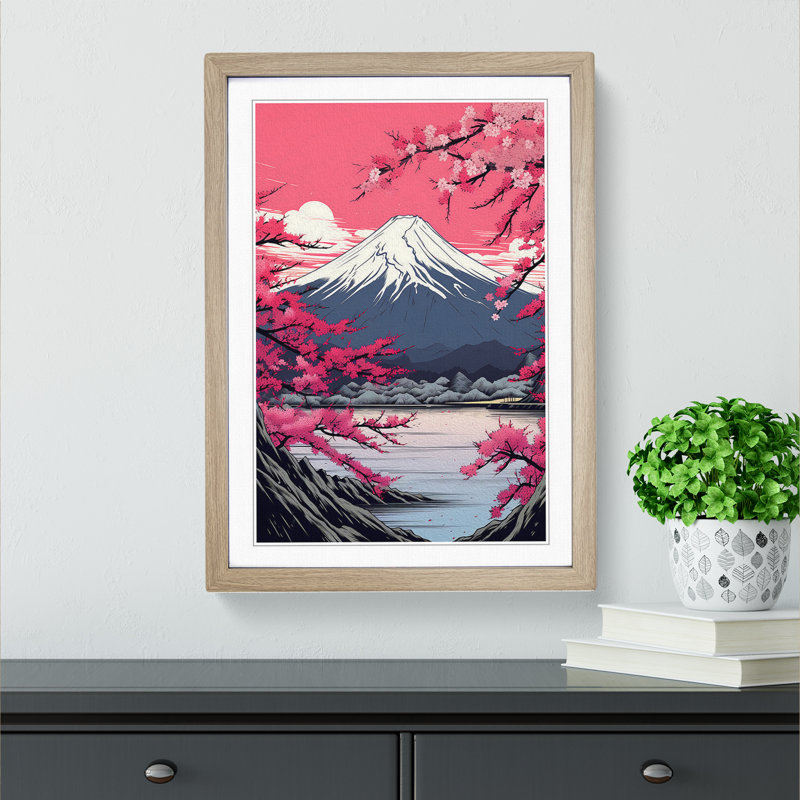 Mount Fuji Line - Single Picture Frame Print on Wood, 46cm H x 34cm W x 2cm D, Oak