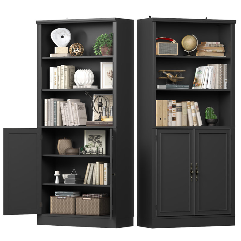 71.4" Tall Modern Bookcase with Doors, 6 Tier Floor Standing Bookshelf with Vintage Handles for Home Office, Living Room 