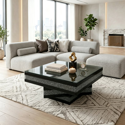 Table basse carrée en miroir avec incrustation de faux diamants, table d'appoint moderne Glam avec plateau en verre trempé transparent et base à 3 niveaux pour le salon, table de centre en cristal de luxe, assemblage facile