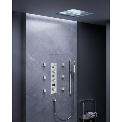 Thermostatic LED Mood Lighting Shower System, 16" Ceiling Mount Rainfall Shower Faucet with Brass Valve