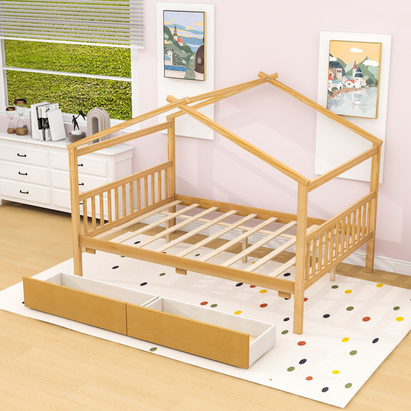 Lorentzen Full 2 Drawers Wood House Bed, Natural