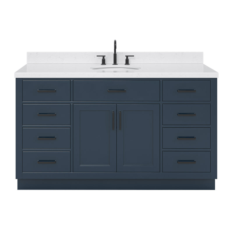 Ensemble de meuble-lavabo simple en bois massif avec plateau en quartz Carrara de 1,5 po Thornaby, Bleu minuit, Ovale