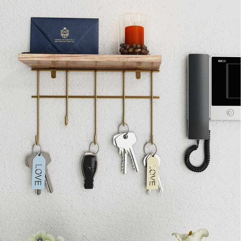 Modern Wall Shelf, Solid Wood with Metal Brackets, 7.9 x 3.9 x 10.6 inches | 100% Real Wood, Gold & Brown Finish | Supports Up to 4.4 lbs | Perfect for Home Décor, Industrial & Novelty Design