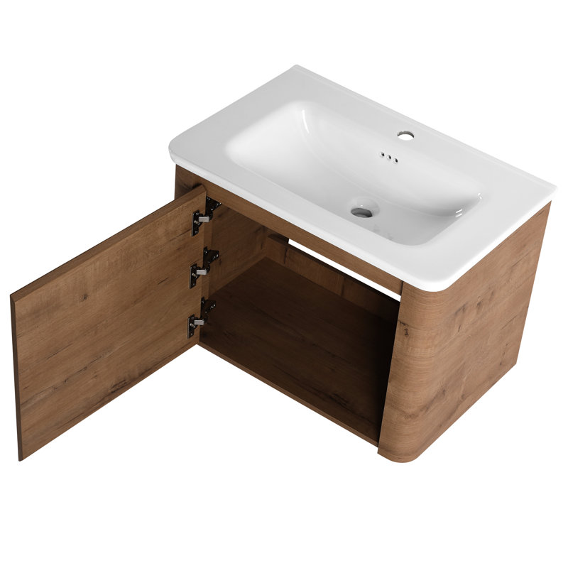 Meuble-lavabo 28 po, lavabo en céramique blanche, 45 poignées dissimulées, 3 charnières, contreplaqué pour meuble-lavabo avec 1 porte, contreplaqué, surface lisse facile