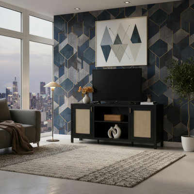 Meuble audio-vidéo en rotin de style campagnard | Finition en chêne noir brillant de 26 pouces, portes en rotin avec rangement, convient aux téléviseurs de salon jusqu'à 65 pouces.