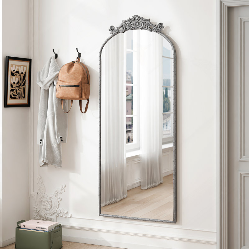 58"X24" Arched Full Body Hanging Wall Mounted Mirror With Vintage Ornate Carved Applique On Top, Antique Silver
