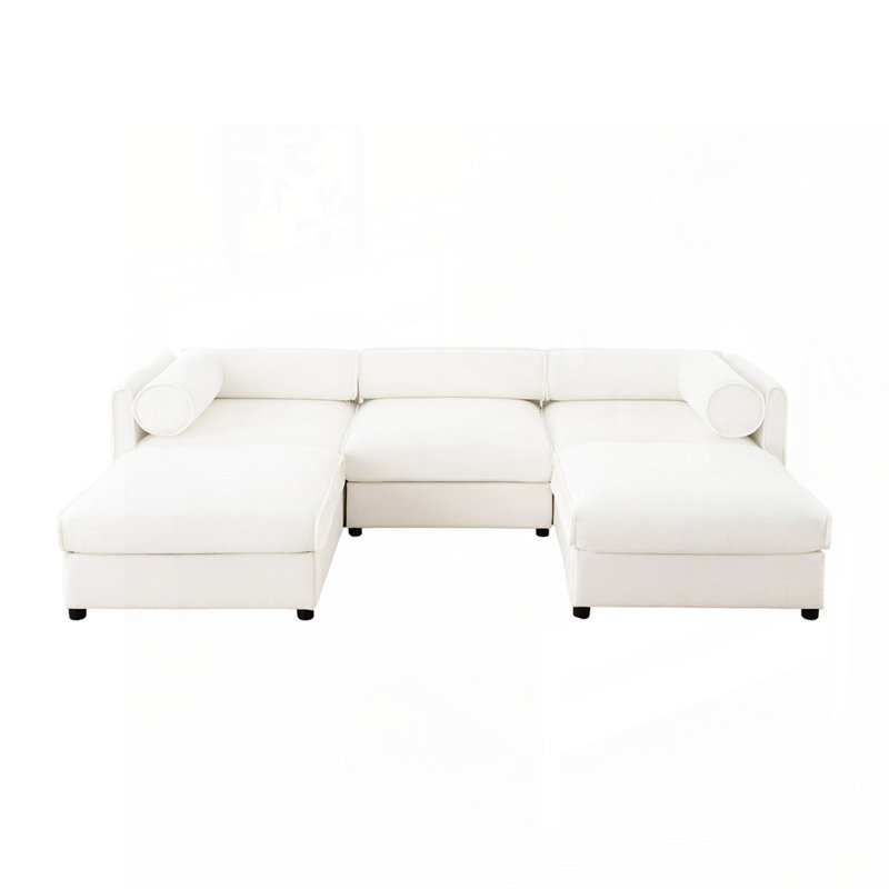 Élégant canapé en chenille avec siège de rangement et repose-pieds, Blanc, H 27,9 po x l 109 po x P 75 po