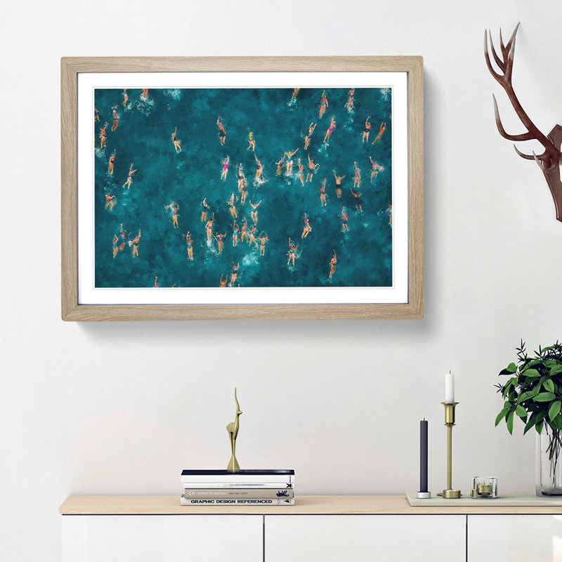 Swimmers Swimming - Picture Frame Painting Print on MDF, 33cm H x 45cm W x 2cm D, Oak Framed