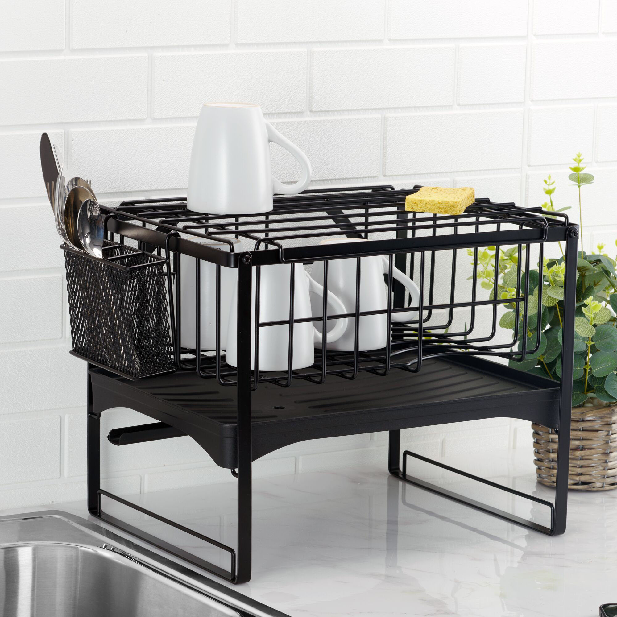  CozyBlock Steel Foldable Dish Drying Rack with Utensil