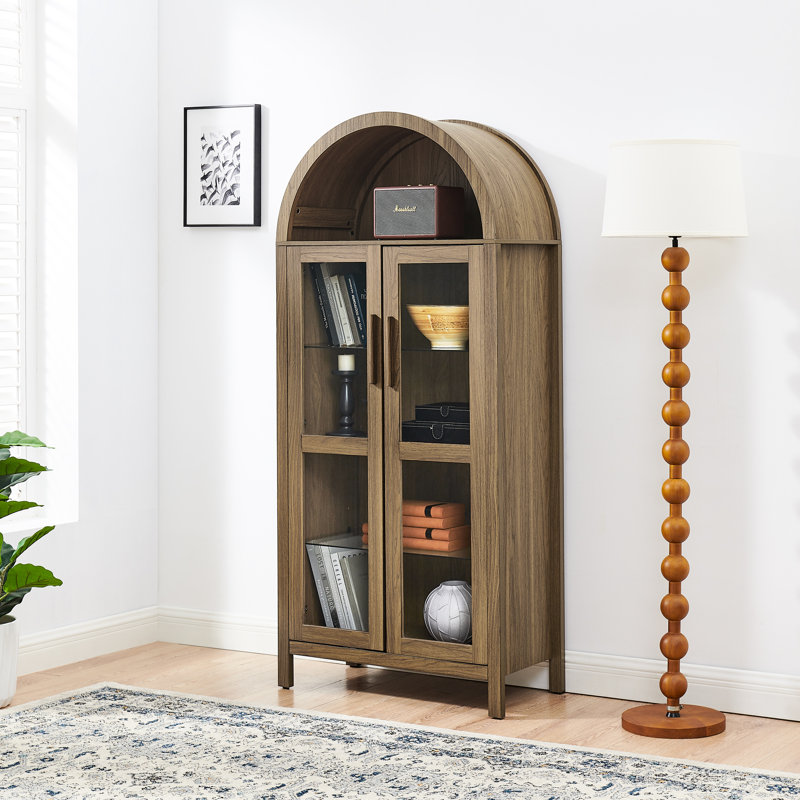 Armoire de rangement haute à arc avec lampe, couleur marron, style rétro moderne, cloisons en verre réglables pour une utilisation multifonctionnelle dans la cuisine, plateau supérieur lisse et incurvé, étagères supérieures non fermées, pattes de support
