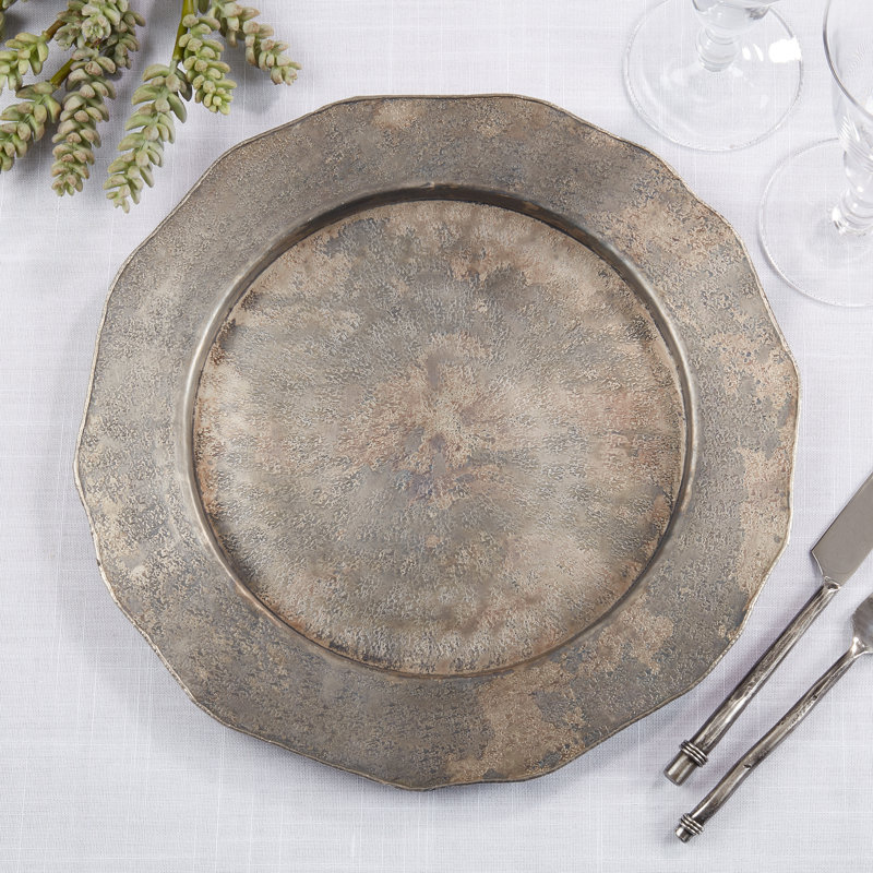 Elegant Silver Hammered Metal Scallop Edge Charger Plates, Set of 4