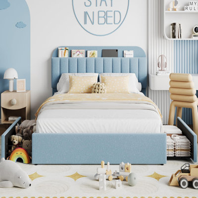 Cadre de lit double avec 2 tiroirs flexibles, cadre de lit plateforme tapissier avec tête de lit bibliothèque Boucle, cadre de lit pour enfants / garçons, assemblage facile, aucun sommier requis, silencieux, bleu