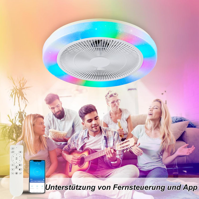 Low Profile Ceiling Fan with Light,  Flush Mount Ceiling Fan Light with Remote,  RGB Dimmable LED Enclosed Ceiling Fans