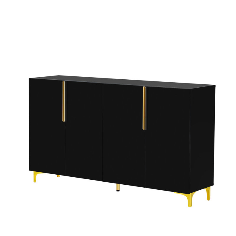 Buffet de 55 po de largeur à finition brillante avec quatre portes, tablettes réglables et pieds dorés, Noir