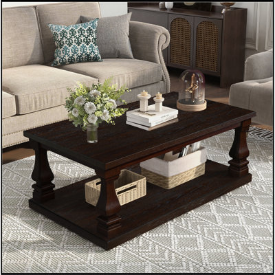 Farmhouse 46'' Rectangular Wood Coffee Table with Legs, Square Coffee Table with Open Storage Shelf, Vintage Center Table for Living Room, Espresso