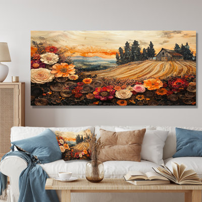 Assortiment de bouquets de fleurs, paysage de grange II - campagne, impression sur métal