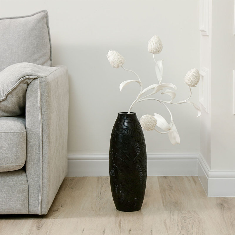 Dasmon Handmade Polyresin Floor Vase for Living Room Decor, Black Leaf Pattern for Modern Home Decoration, White