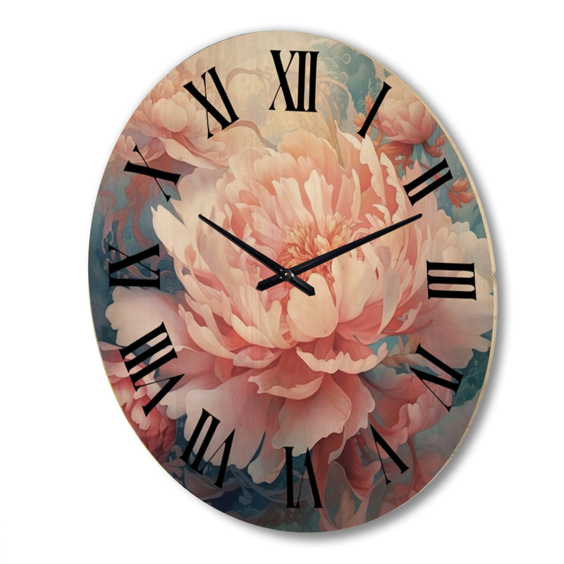 Horloge murale surdimensionnée en bois rose pivoines I - pivoines, Très grand