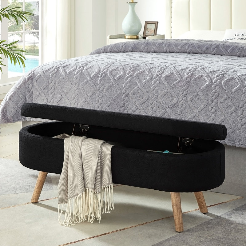 Banc ottoman de rangement ovale de luxe en boucle avec pieds en bois, capacité de charge de 159 kg et charnière de sécurité