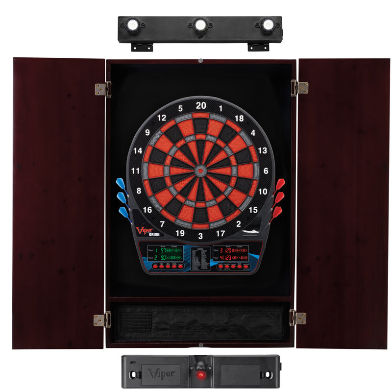 Laser Throw Line Electronic Dartboard and Cabinet Set with Darts, Mahogany