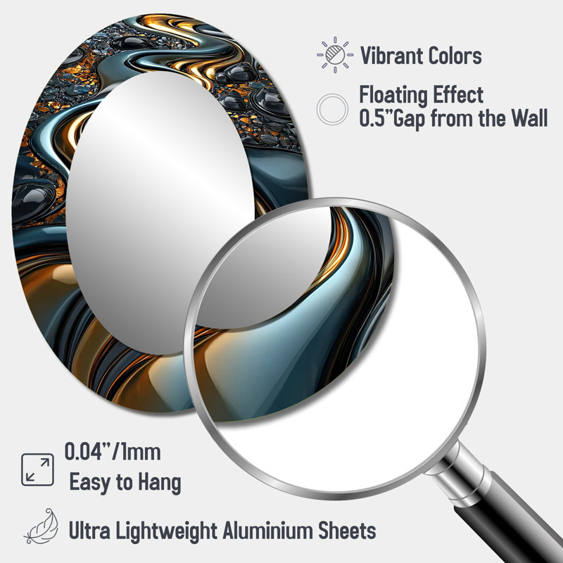 Swirl Abstract In Gold And Black Tones III - Abstract Oval Decorative Mirror On Metal, 40" x 30"