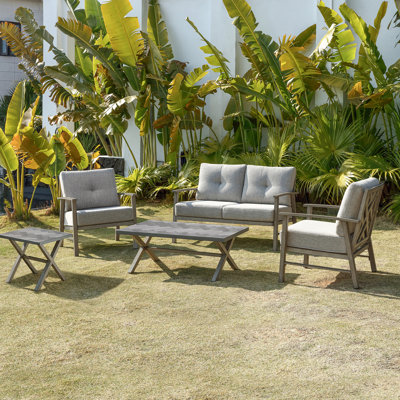 Ensemble de meubles de patio en aluminium Seehill, ensemble de conversation de patio moderne 4 pièces avec coussin épais, ensembles de canapé modulaire d'extérieur résistant aux intempéries pour la piscine, la cour arrière, le chêne chaulé