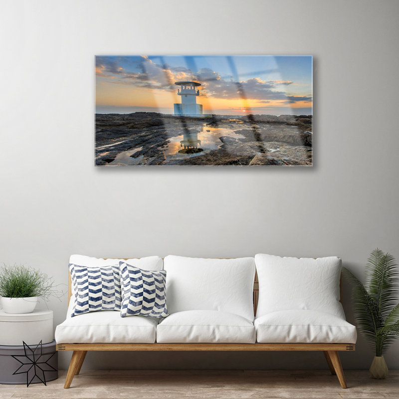 Glass Print Wall Art 100X50cm Image Printed On Glass Decorative Wall Picture Behind Toughened / Tempered Safety Real Glass For Kitchen & Living Room Theme: Lighthouse Landscape