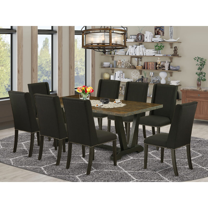 9-Piece Set with a Great Distressed Jacobean Dining Table top and 8 Wire Brushed Black dining room chairs with Nail Heads and Curved Back, Wire Brushed Black Finish