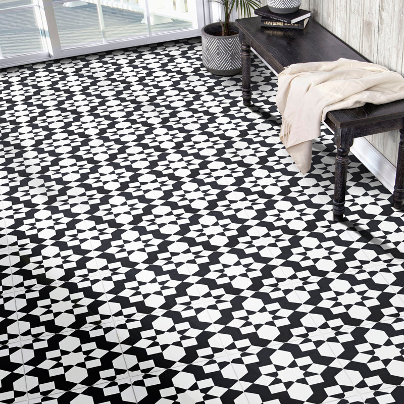 Affos 8" x 8" Cement Patterned Wall & Floor Tile, White/Black