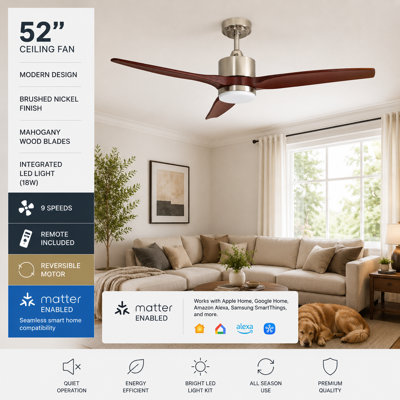52" Smart Ceiling Fan with Light, 3 Blades, 9-Speed Durable DC Motor, 3 CCT & Dimmable LED Light Kit, Energy Efficient, Quiet Operation, Reverse Rotation, Matter Smart Home Integration and Remote Control, Timer Function, Indoor Rated, Mahogany Woodgrain