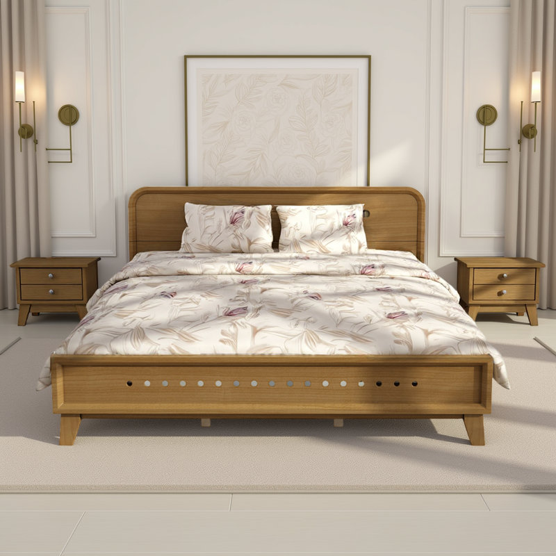 Lit plateforme avec cadre en bois massif et rangement sous le lit, Jaune, Grand lit