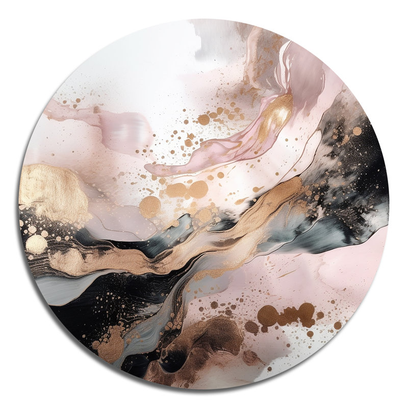 «Pink Gold Texture» Splash Marble IV - Art abstrait rond en marbre sur métal, H 23 po x l 23 po x P 1 po