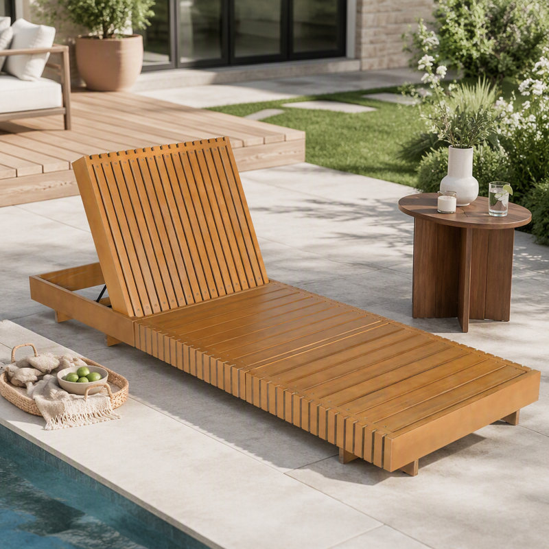 Chaise longue d'extérieur avec dossier réglable à 6 positions, bois d'acacia massif, couleur cuivre teck