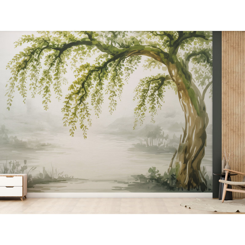 Papier peint aquarelle arbre en pleurs - Élégant art mural botanique peint à la main, décoration murale inspirante de la nature pour spa de chambre à coucher 752RS (Peel-N-Stick) RS752
