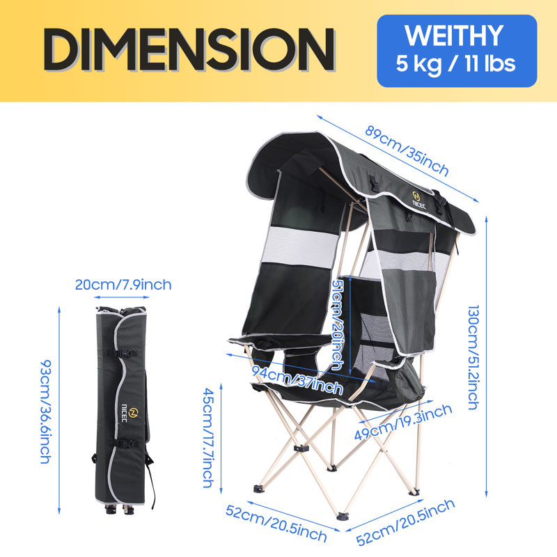 Folding Camping Chair with Detachable Shade Canopy, Breathable Mesh, Cupholder & Side-Pocket (2 PK)