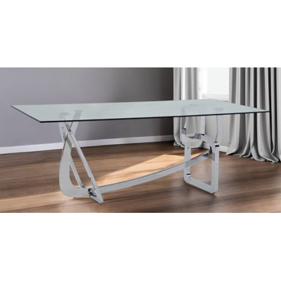  79" Clear And Silver Glass And Stainless Steel Trestle Base Dining Table
