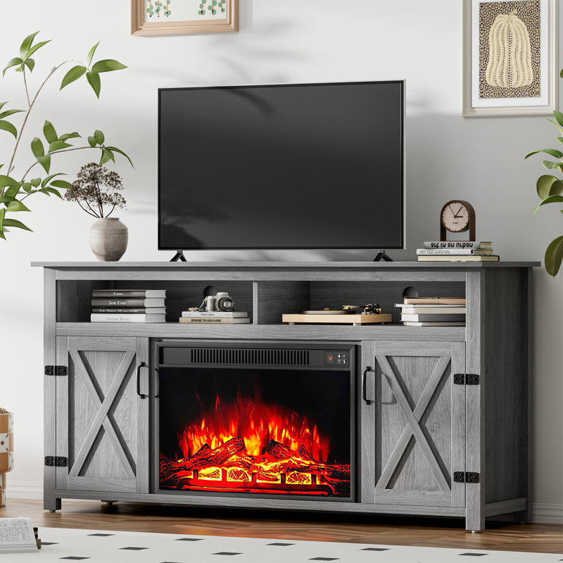 Meuble télé pour téléviseur de 65 po ou moins avec foyer électrique inclus, Gris délavé